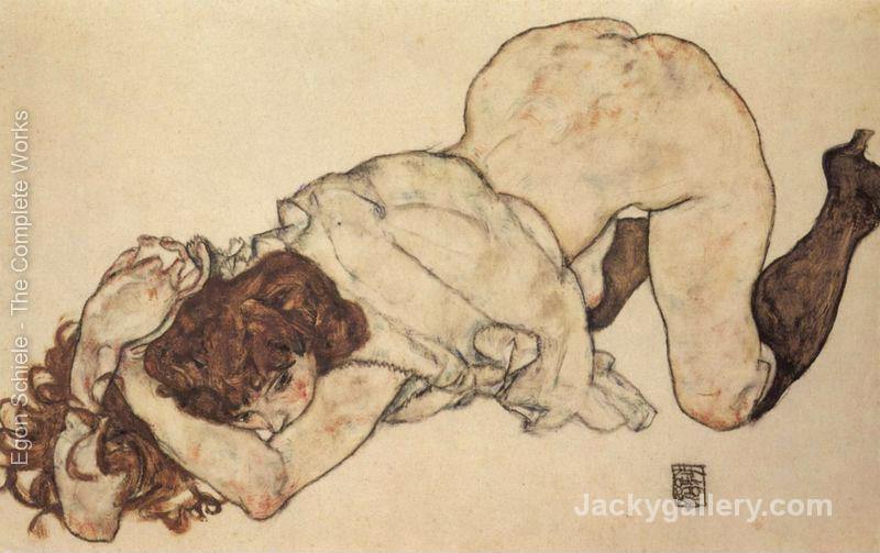Kneeling girl, on both elbows supported by Egon Schiele paintings reproduction